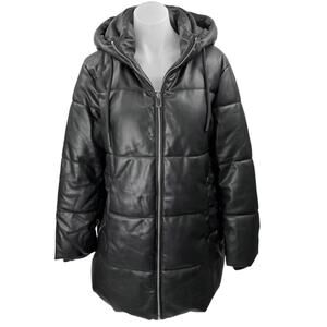 Zara Black Faux Vegan Leather Zip Up Hooded Hoodie Puffer Coat Jacket Size L